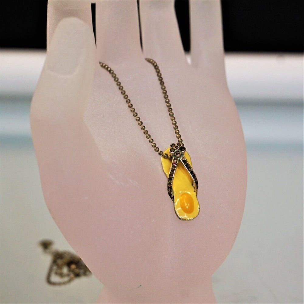 Flip Flop Pendant Enamel Rhinestones on Ball Necklace Vintage BTC Jewelry
